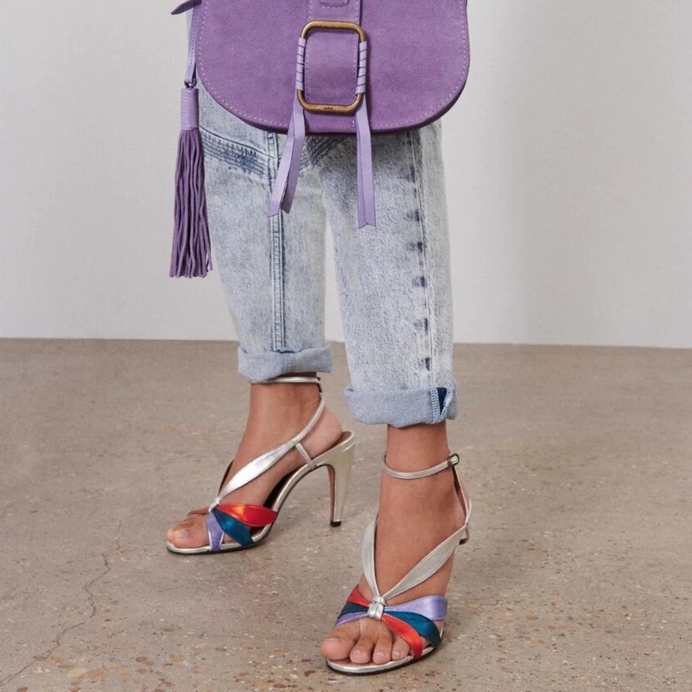 NEVER WORN! Ba&sh Canuela leather sandal heels—metallic silver and rainbow 🌈
